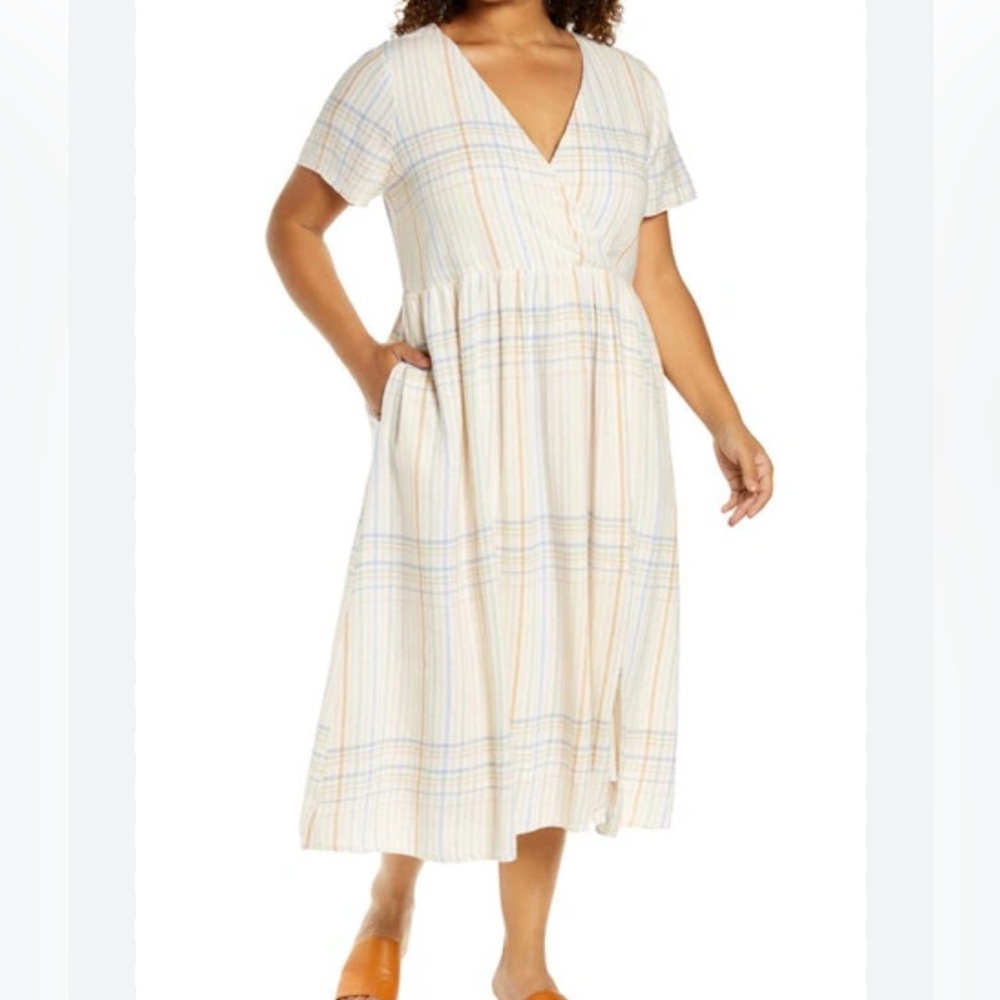 MADEWELL CLARA PLAID LINEN BLEND MIDI NEURAL COLOR DRESS‎ SIZE XS
